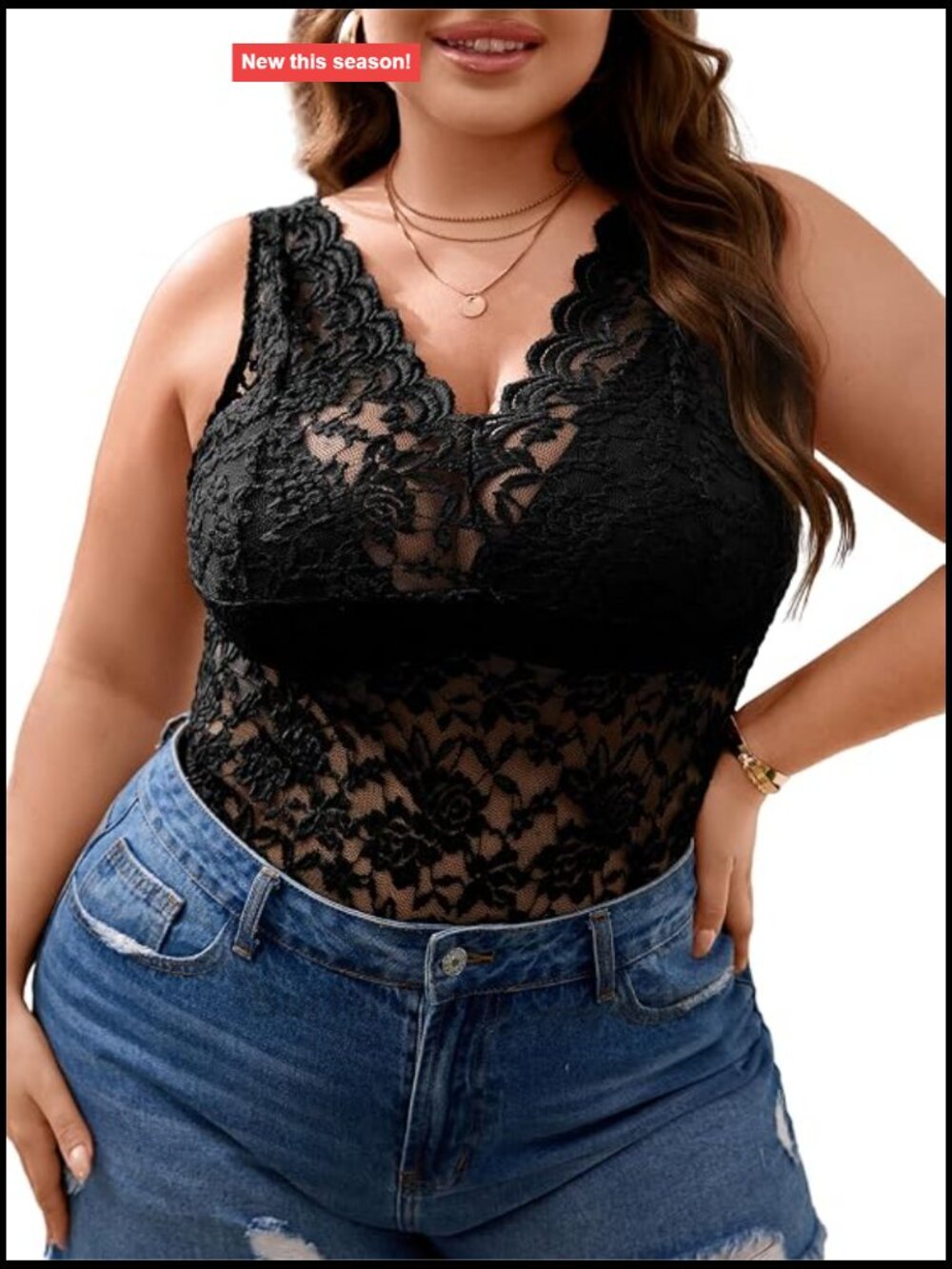 Sheer Lace V-Neck Scalloped Trim Tank Top | Floral Plus Size